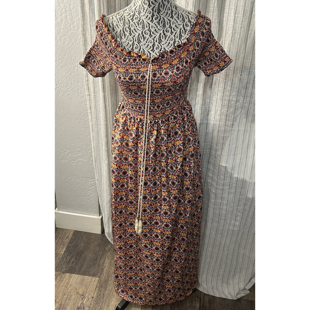 Ellen Weaver Boho Maxi Dress Womens Small Floral Smocked Off Shoulder Tassel